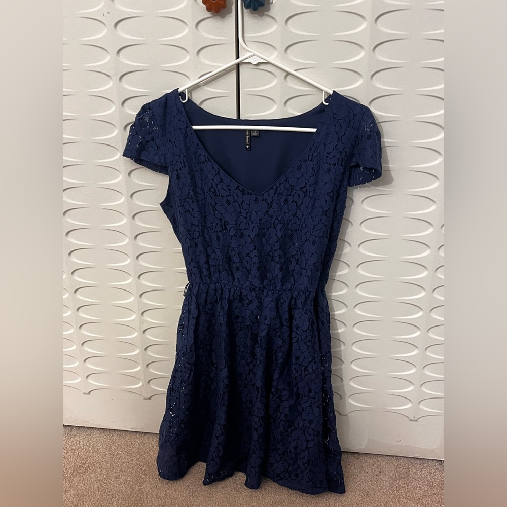 HeartSoul Navy Lace Short Sleeve Fit-and-Flare Mini Dress, Women’s Small